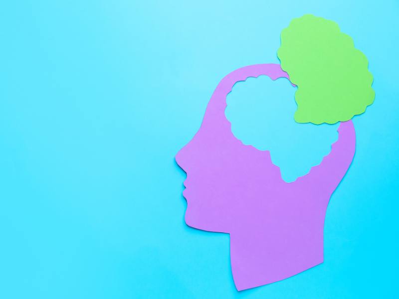 Purple paper head silhouette on a blue background with green brain cutout,  neurodivergence concept